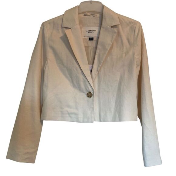 American Eagle Cream Linen Cropped Long Sleeve Button Blazer Size Small - Picture 5 of 9